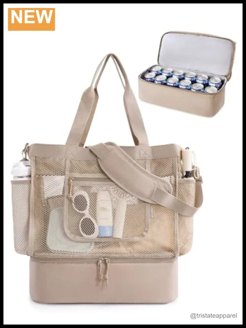Mesh Tote Beach Bag with Cooler, Sandproof Zipper, Leakproof Insulation